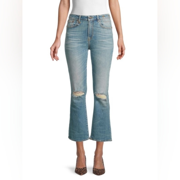 R13 Kick Fit Cropped Light Blue Distressed Flare Jeans Women Size 28